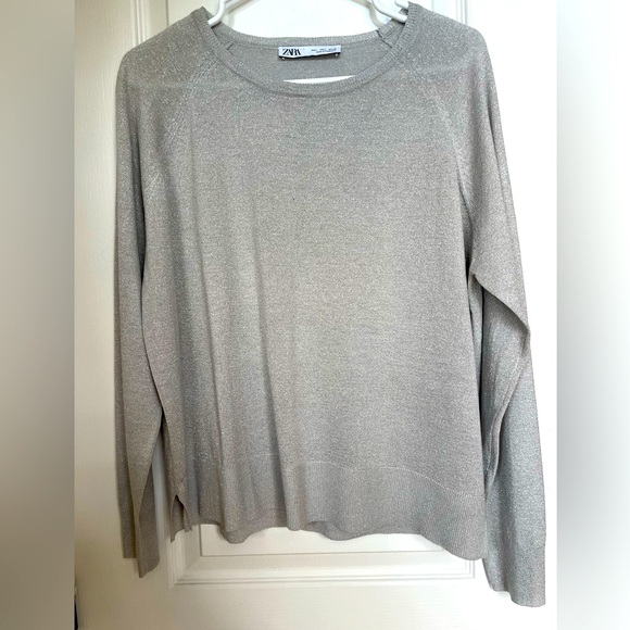Zara top round neckline-long sleeve-grey with metallic fibers-new, never worn - Picture 1 of 11